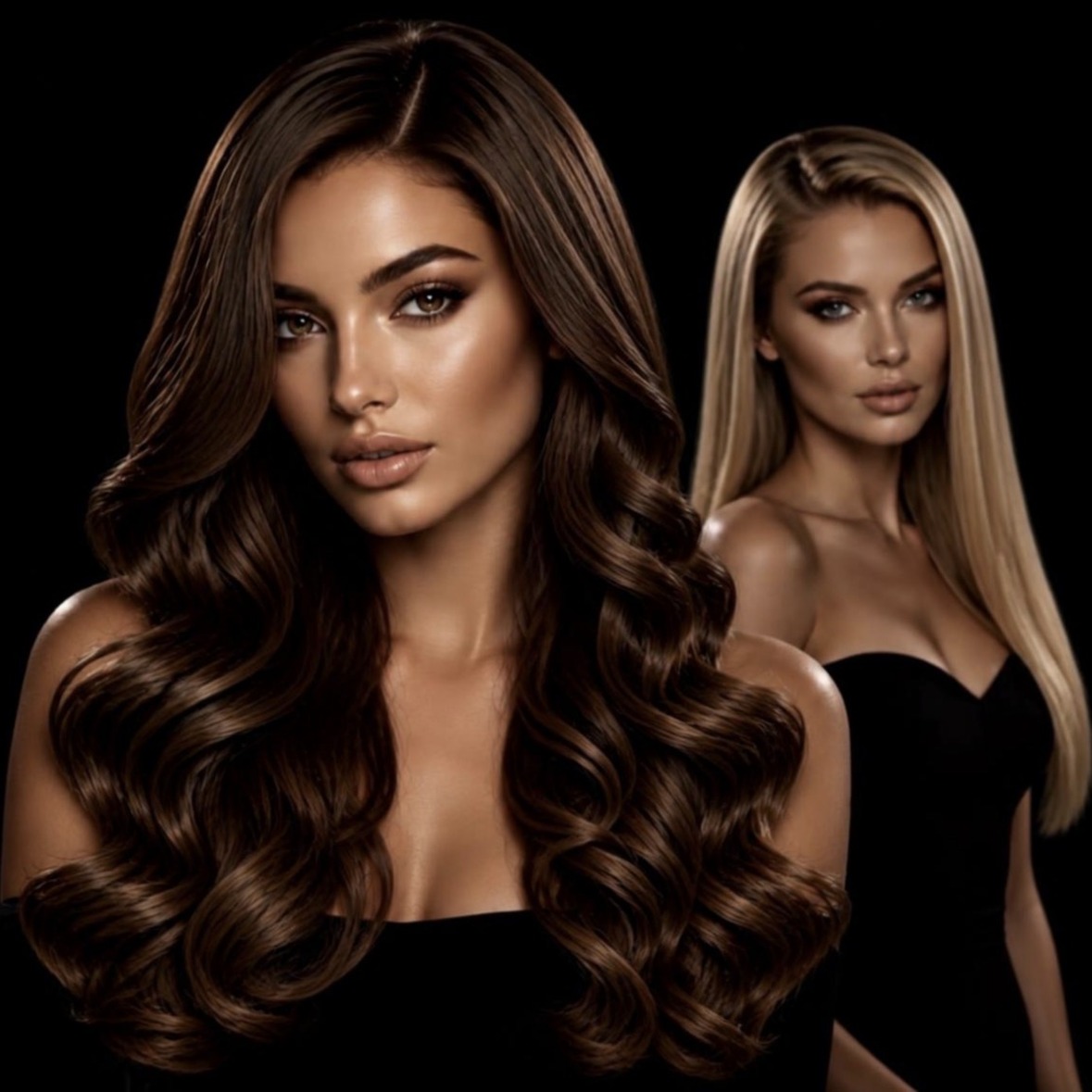 Two models: a brunette model with long, cascading waves in the foreground and a blonde model behind her