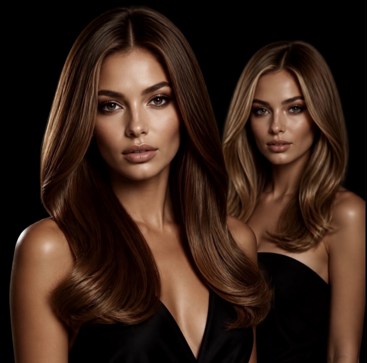 Two models with long, glossy brunette and blonde waves