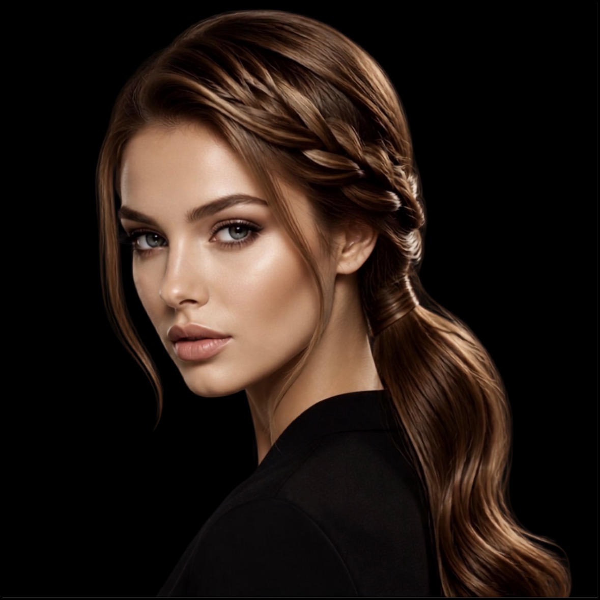 Model with a softly braided, side-swept brunette style