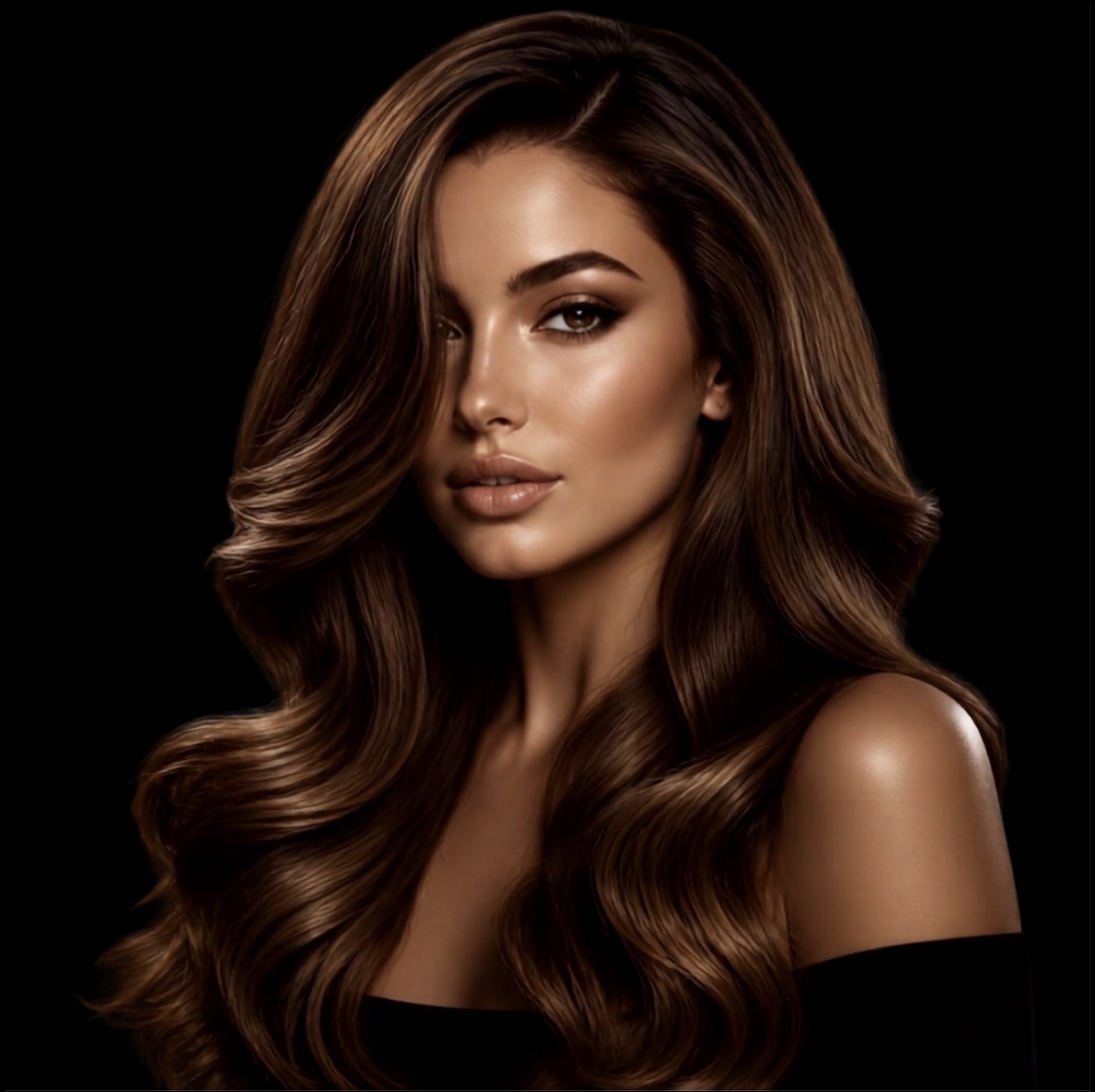 Model with long, voluminous, softly waved brunette hair cascading over one shoulder